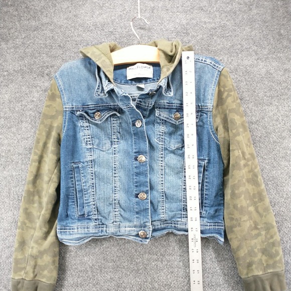 WallFlower Girls Hooded Denim Jean Jacket Blue Green Camo Large Layered Look - Picture 10 of 12
